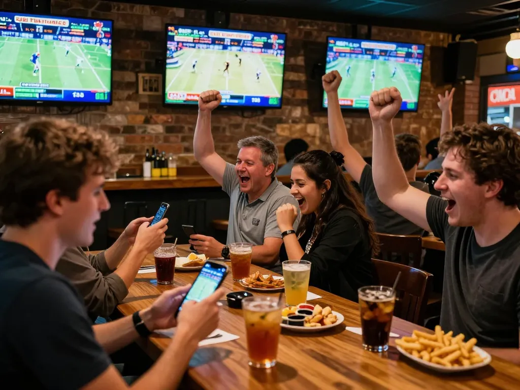 Dynamic scene of sports betting on thể thao mb66 with excited patrons cheering at a bar.
