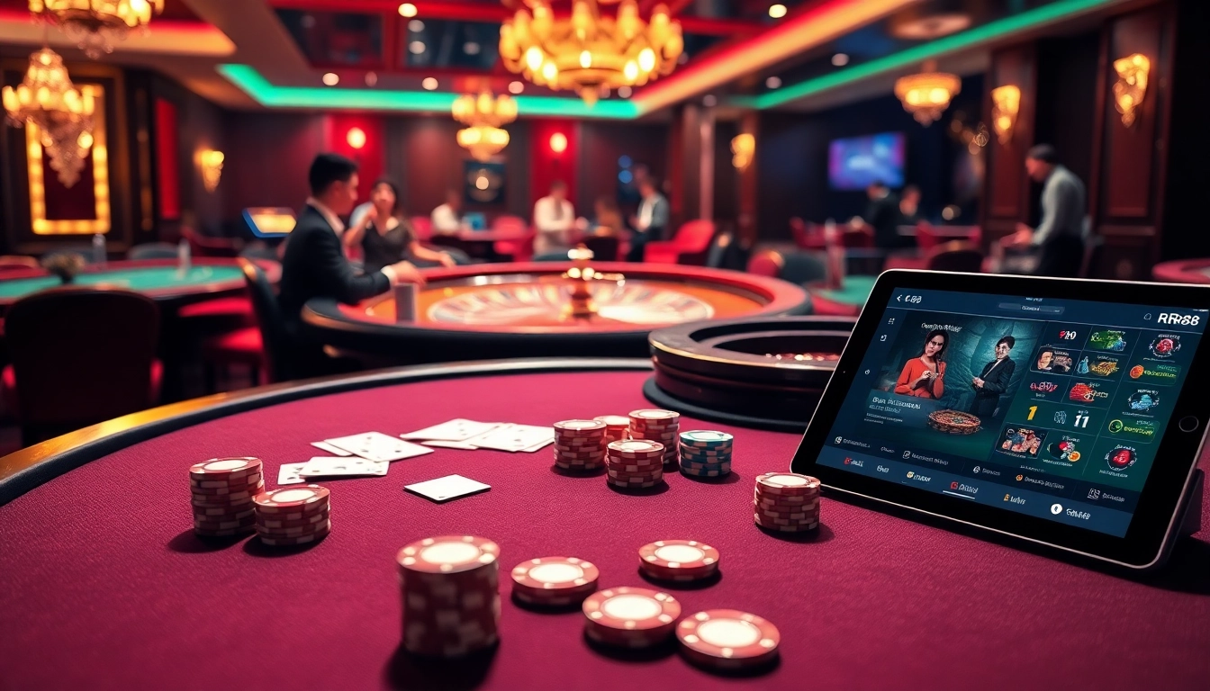 Enjoying a thrilling game at RR88 casino with poker chips and cards on the table.