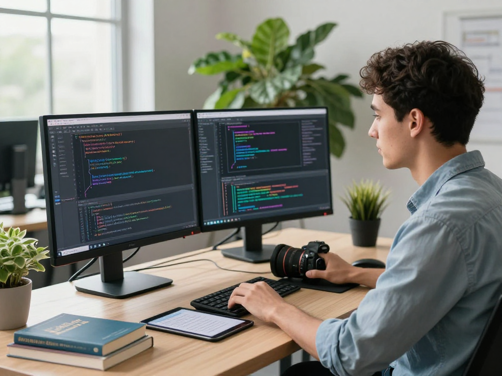 Software developer coding AI +18 algorithms at a modern workspace