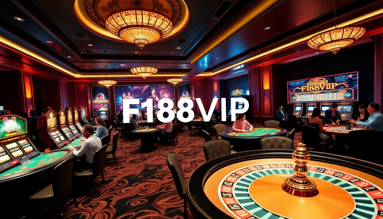 Action-packed scene at F168VIP casino with poker games and vibrant slot machines.