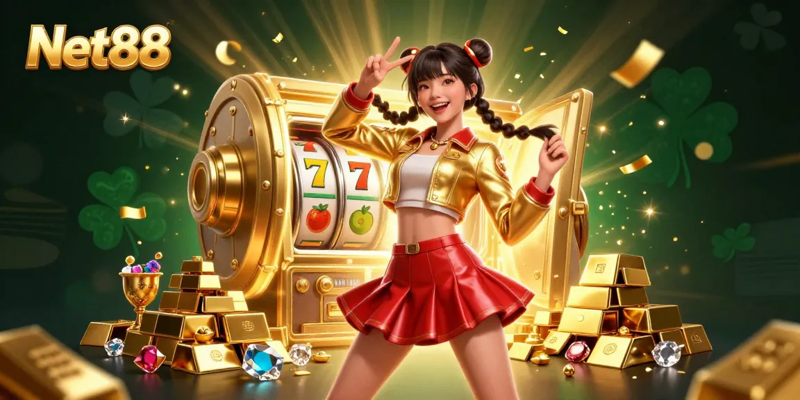 Win big at Net88 with vibrant slots and festive treasures showcased in a dazzling casino scene.