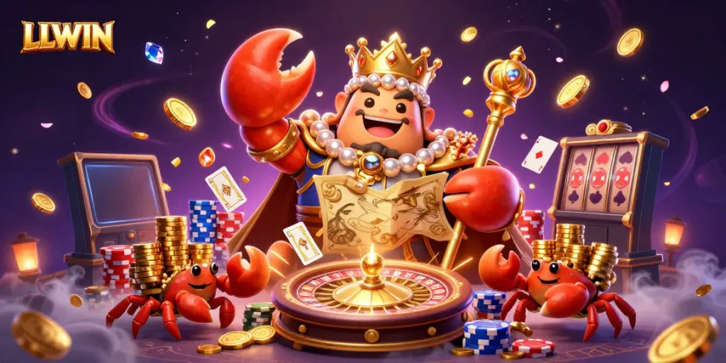 Experience excitement with LLWIN's 3D digital illustration of a golden crab emperor amidst casino elements.