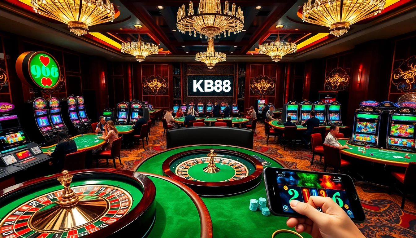 NK88 vibrant casino scene with poker tables and slot machines, showcasing a luxurious gambling experience.