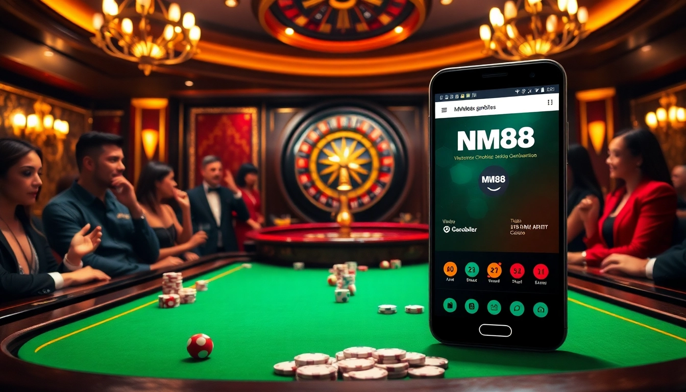 Experience the excitement of online gambling with https://1mm888.com/ featuring a poker table and roulette wheel.