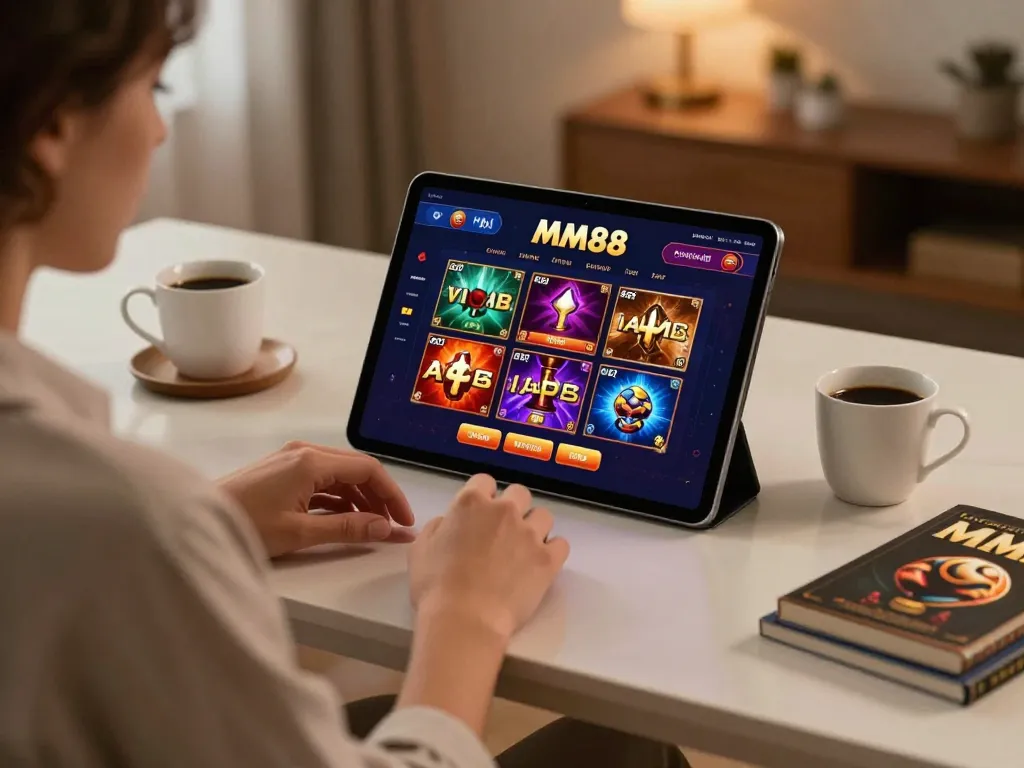 Experience engaging online gaming at MM88 with a dynamic tablet display and cozy home atmosphere.