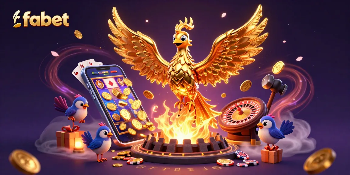 Experience the excitement of fabet games with golden phoenix and slot machines in a dynamic casino scene.