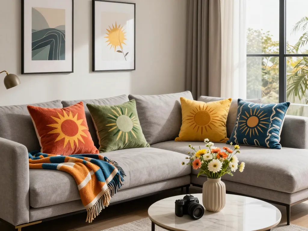 Vibrant sunwin home textile products showcased in a modern living room setting, highlighting comfort and style.