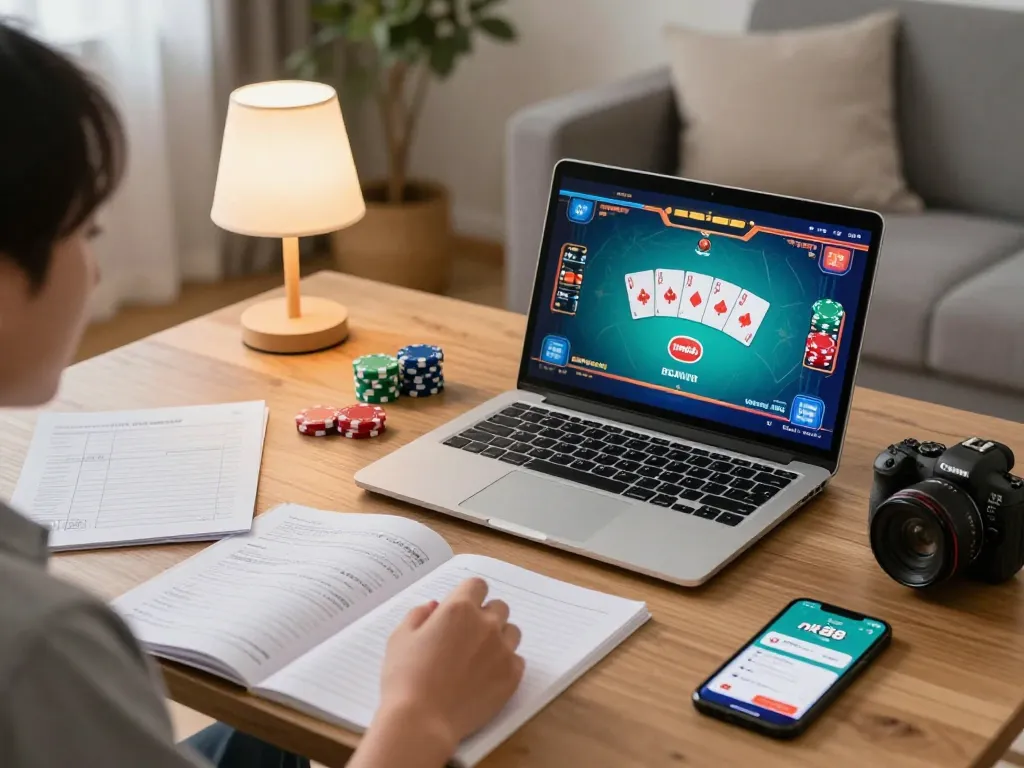 Player strategizing on nk88 while enjoying online poker with cozy ambiance