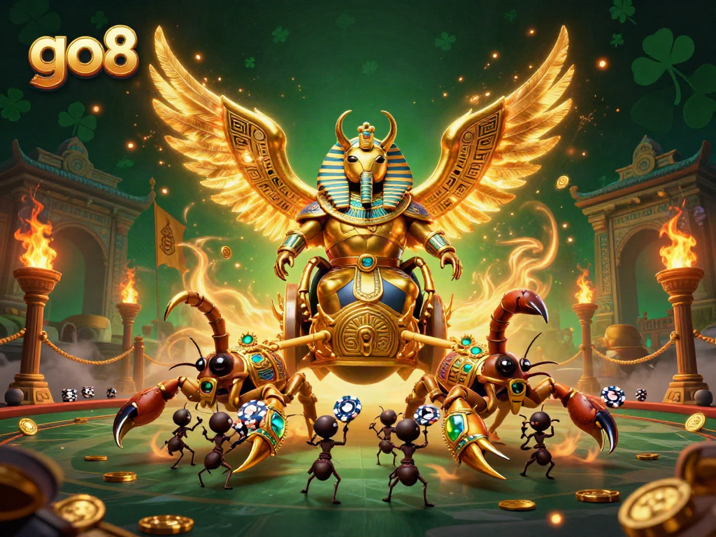 Experience thrilling gameplay at go8 with a colossal scarab beetle riding a chariot, surrounded by exciting casino elements.