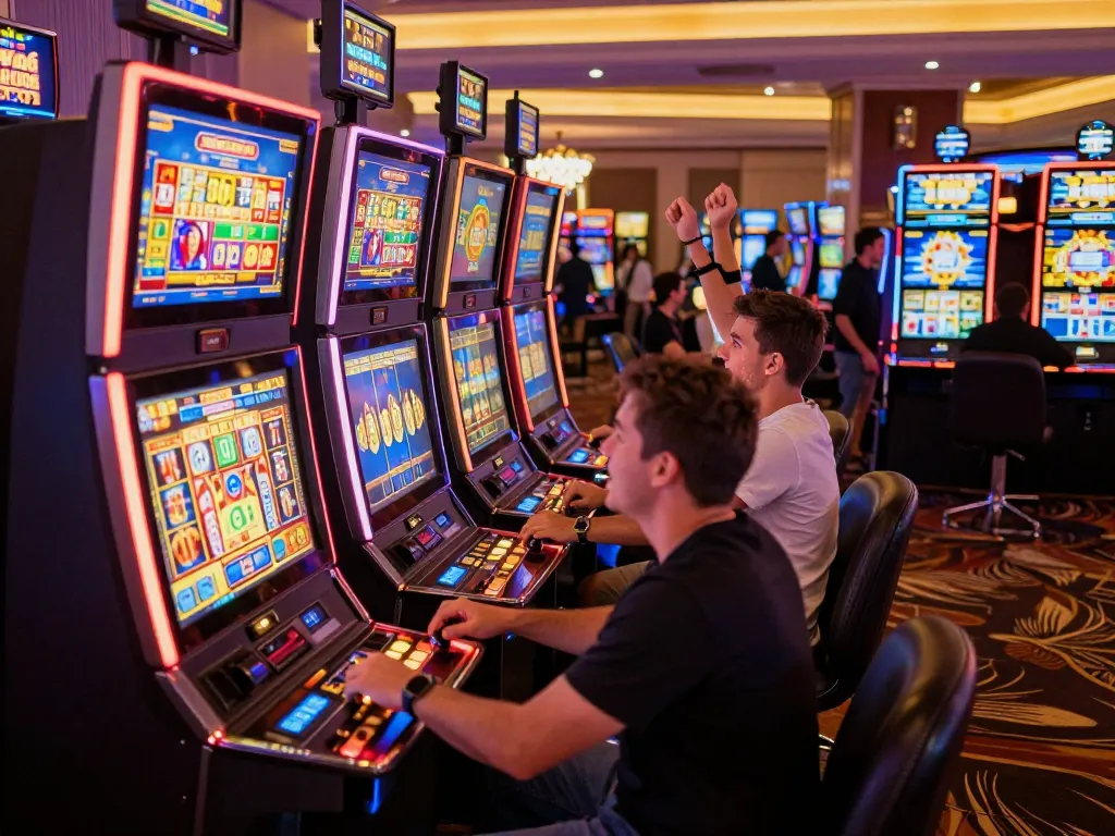 Players enjoying slot gacor viral machines in a lively casino atmosphere, celebrating wins and excitement.