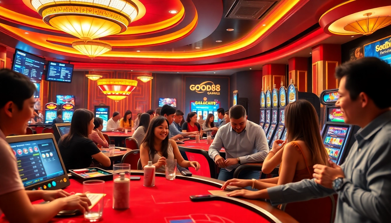 Exciting gaming scene at good88.hu.net featuring players and engaging dealers in a luxury online casino environment.