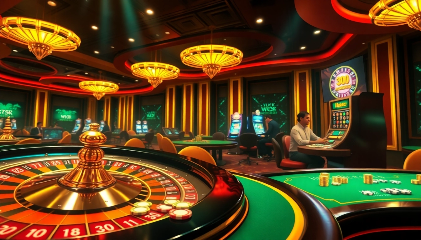 Engaging players enjoying the premium gaming experience at https://ww88.directory/ casino, featuring vibrant roulette wheels and poker chips.