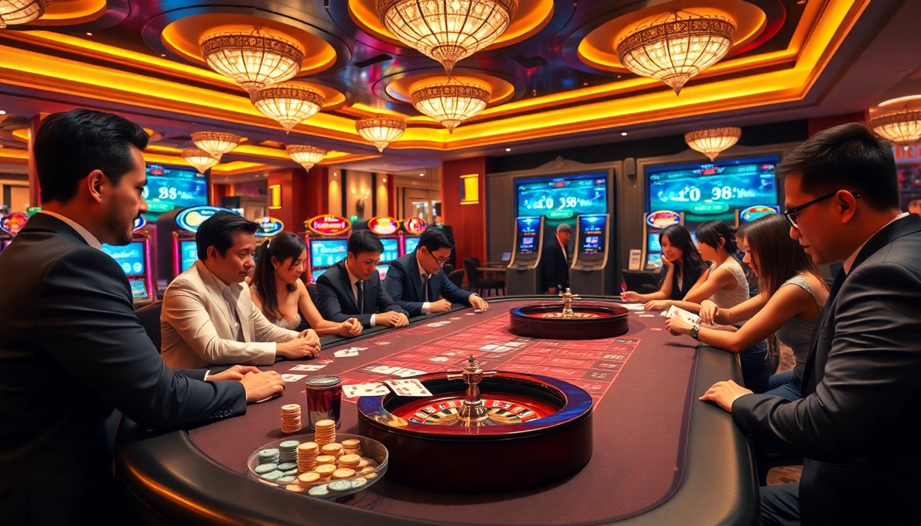 Players analyzing tỷ lệ kèo at a vibrant casino table, filled with excitement.