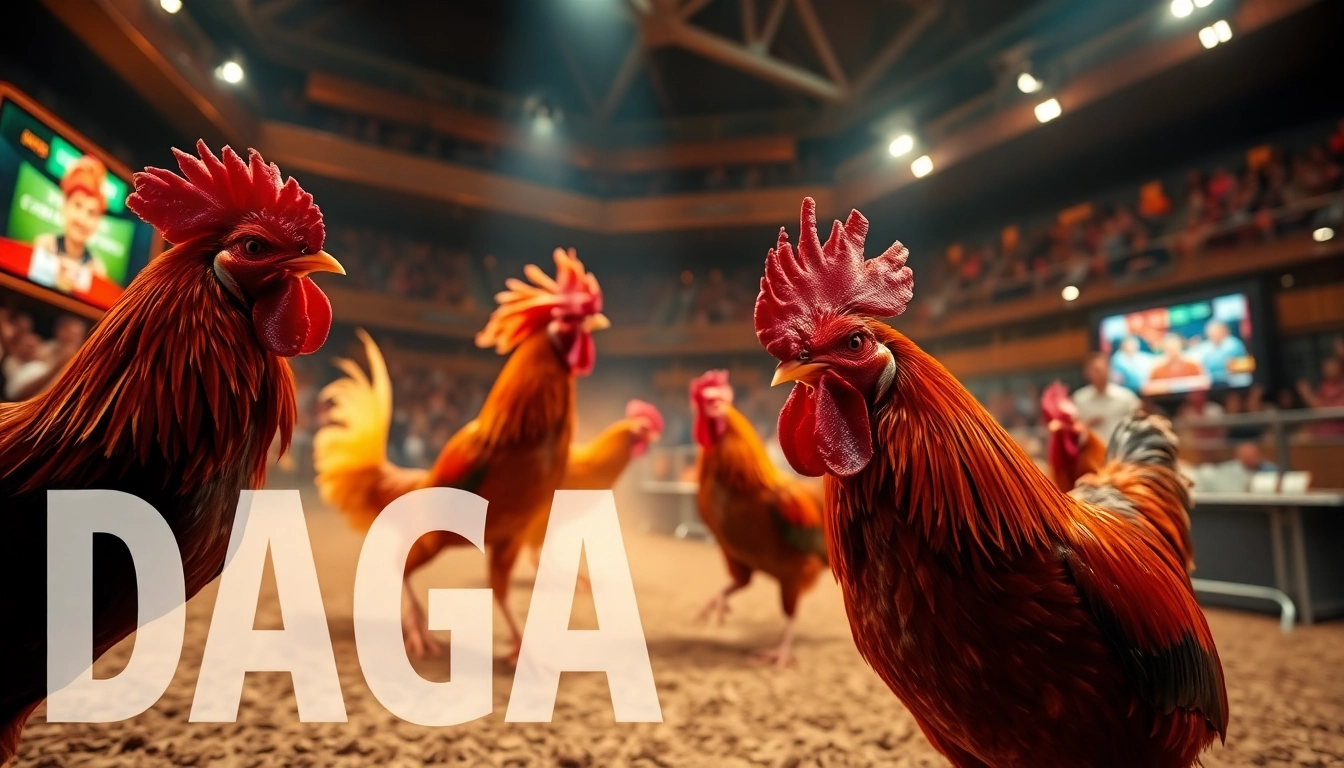 Exciting live cockfighting at dagawin.live with vibrant roosters and a thrilling atmosphere.