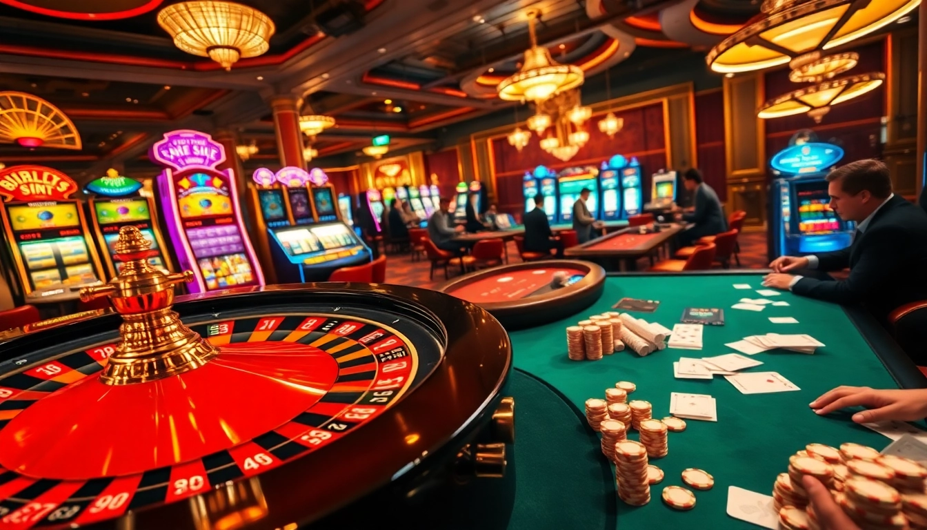 Exciting gaming at fun79 casino: players engaged at tables surrounded by vibrant slot machines.