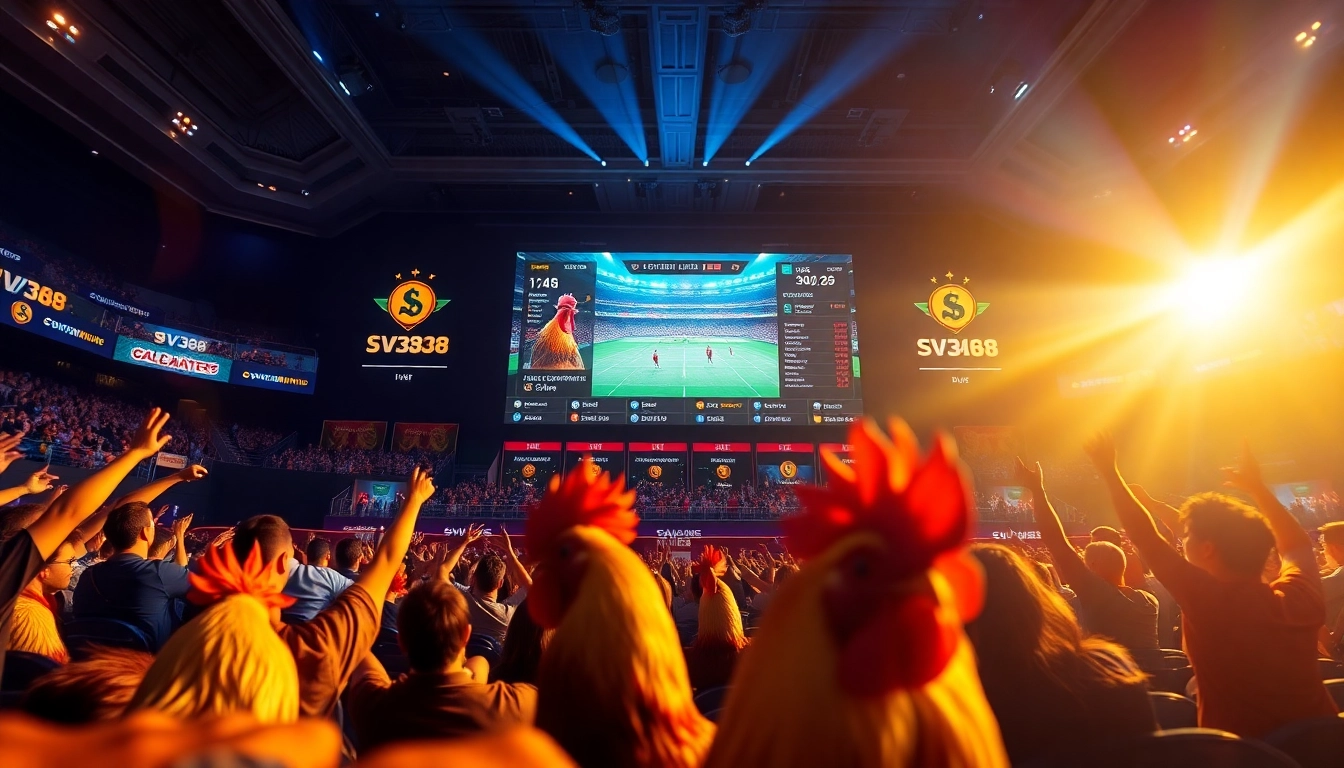 SV368 live cockfighting match with vibrant crowds and dynamic betting options, capturing the excitement of sv368win.live.