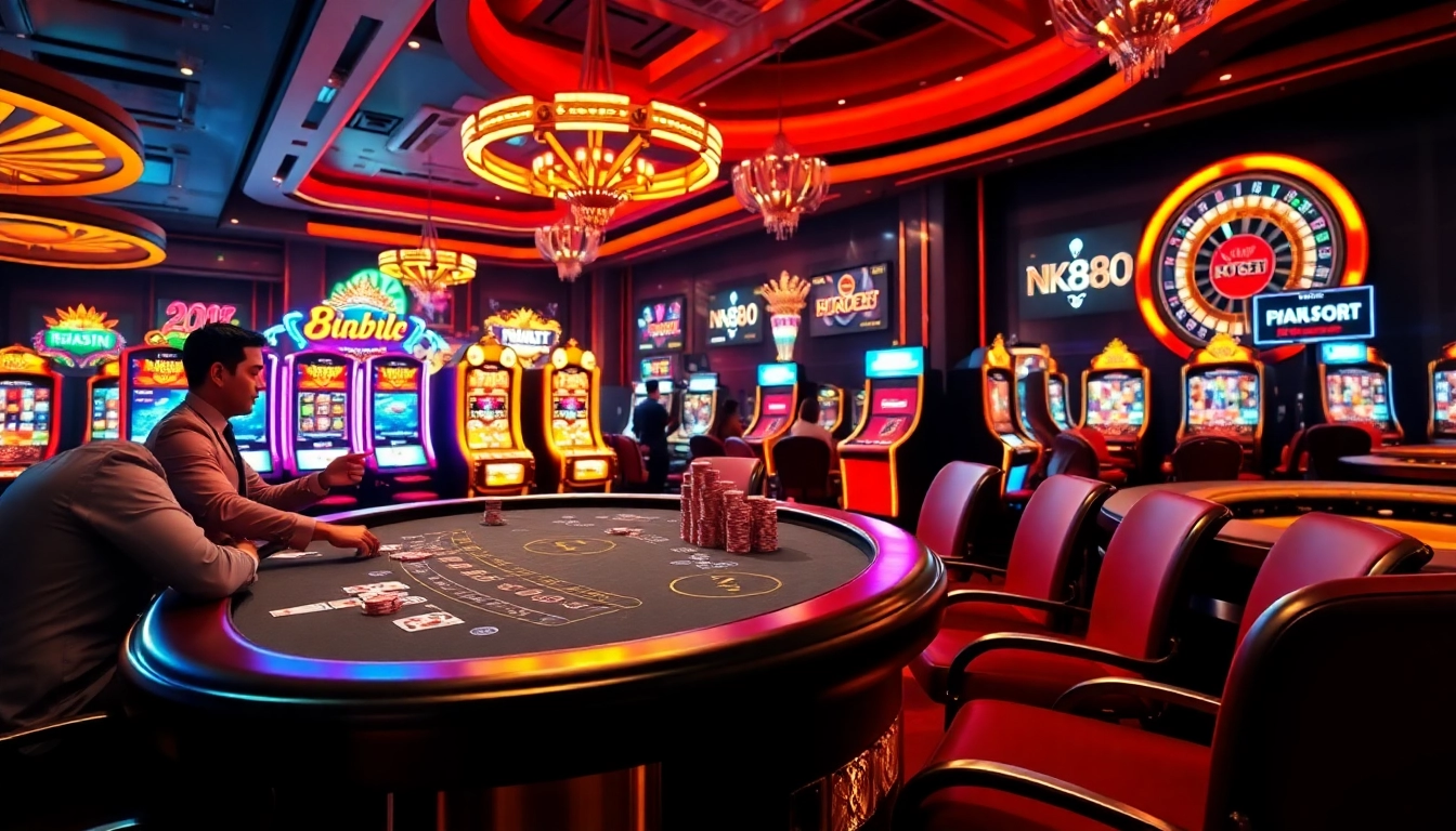 Experience the thrill of nk88 bet with a vibrant online casino scene featuring a blackjack table and colorful slot machines.