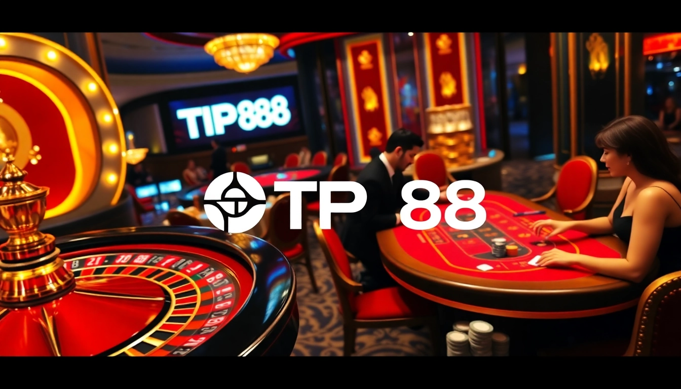Immersive casino gameplay with TP88 branding, featuring poker chips and elegant players.
