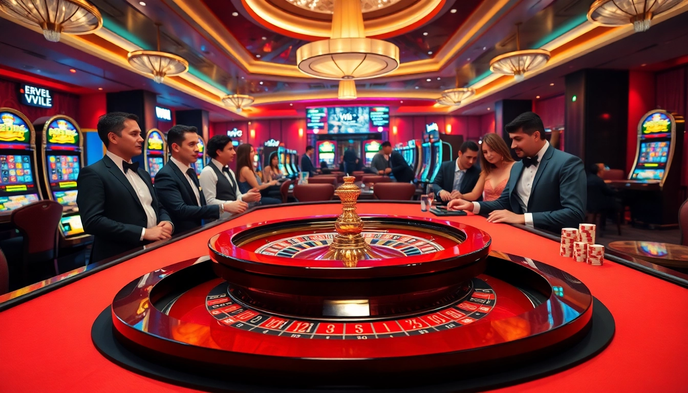 Exciting roulette action at vvjl casino with elegant players and vibrant lights.