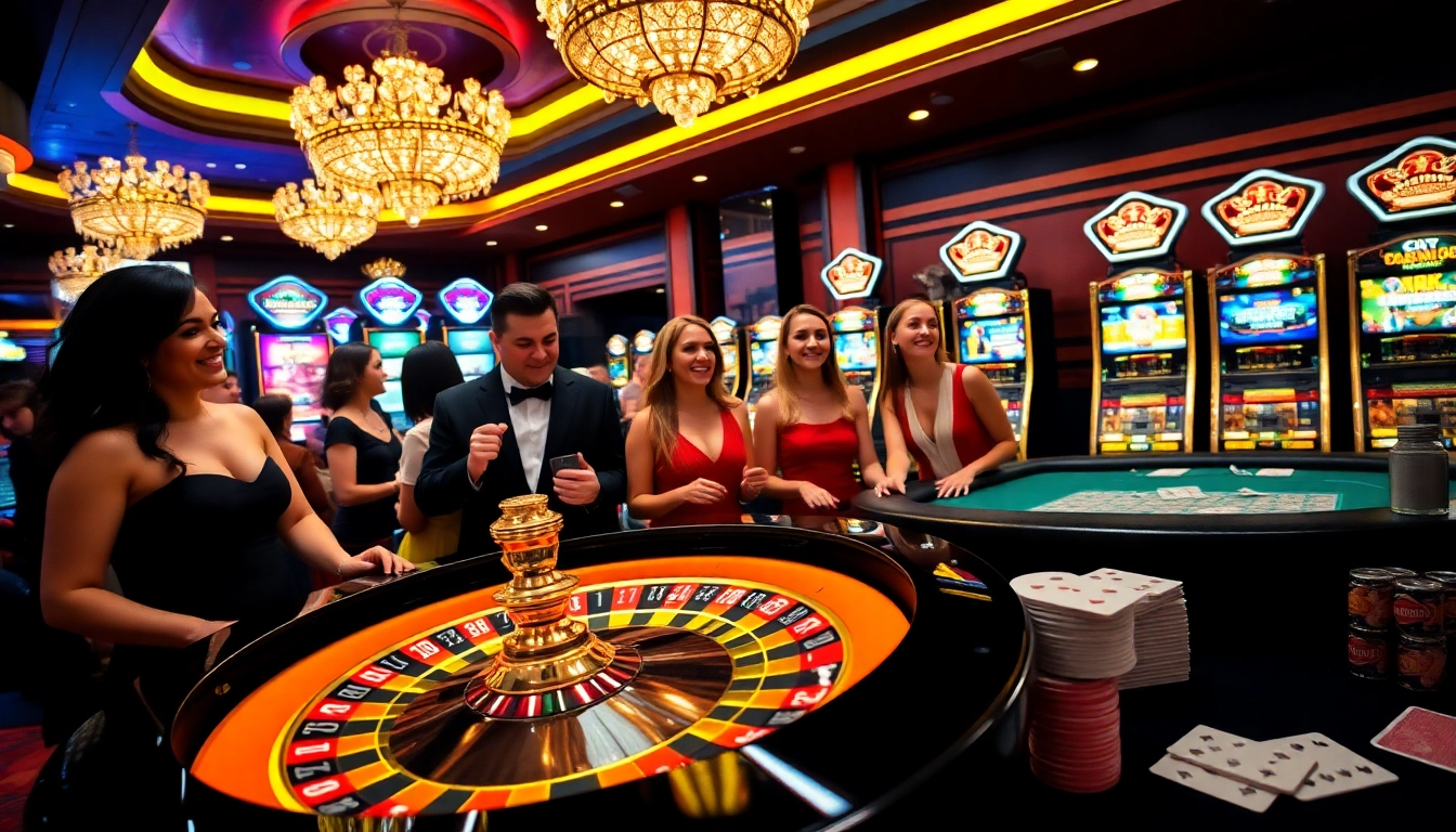 Enthusiastic players enjoying a luxurious casino atmosphere at https://sunwin.tube/, featuring roulette and poker tables.