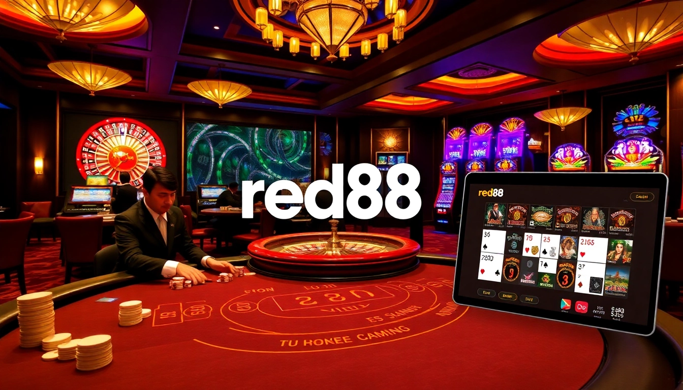 Players enjoying baccarat and slots at a stylish casino, showcasing the luxury of red88.
