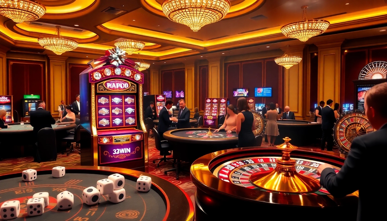 32WIN's vibrant casino scene showcasing exciting games and elegant players.