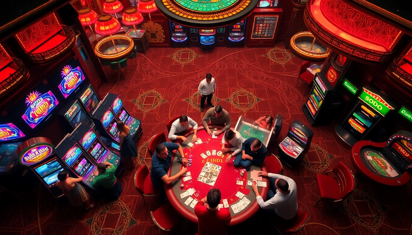 SODO Casino scene featuring players at a poker table and vibrant slot machines amidst luxurious decor.