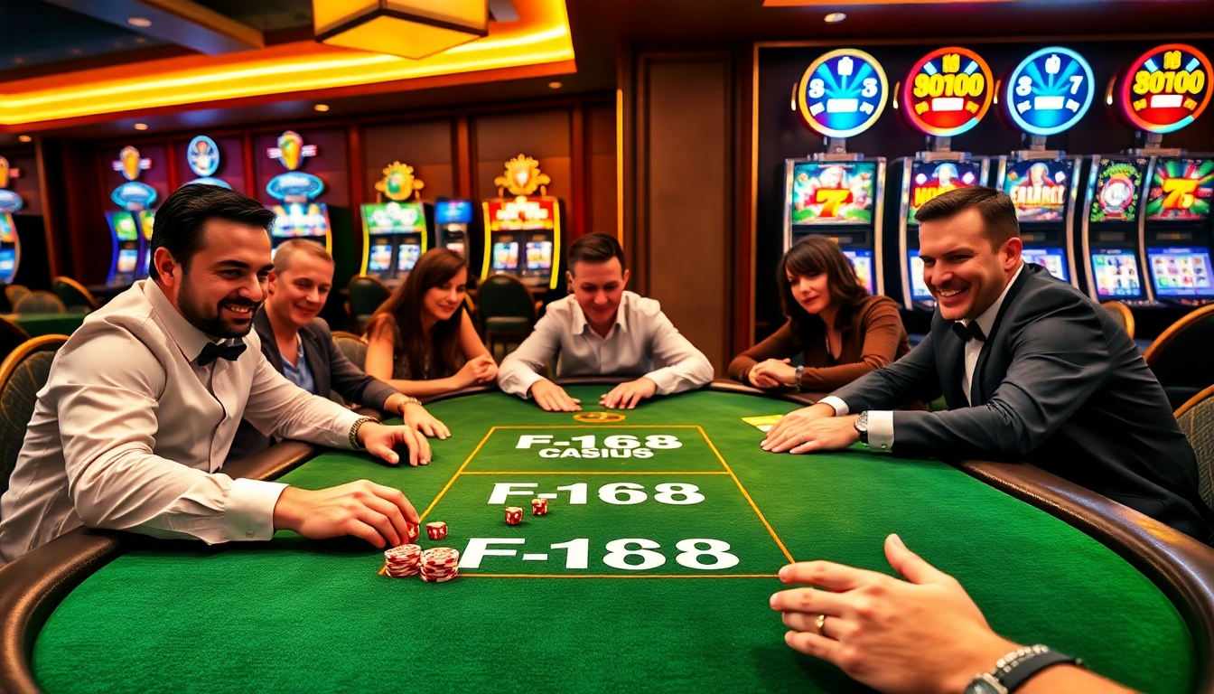 F168 poker table showcasing a high-stakes game with enthusiastic players and vibrant casino atmosphere.