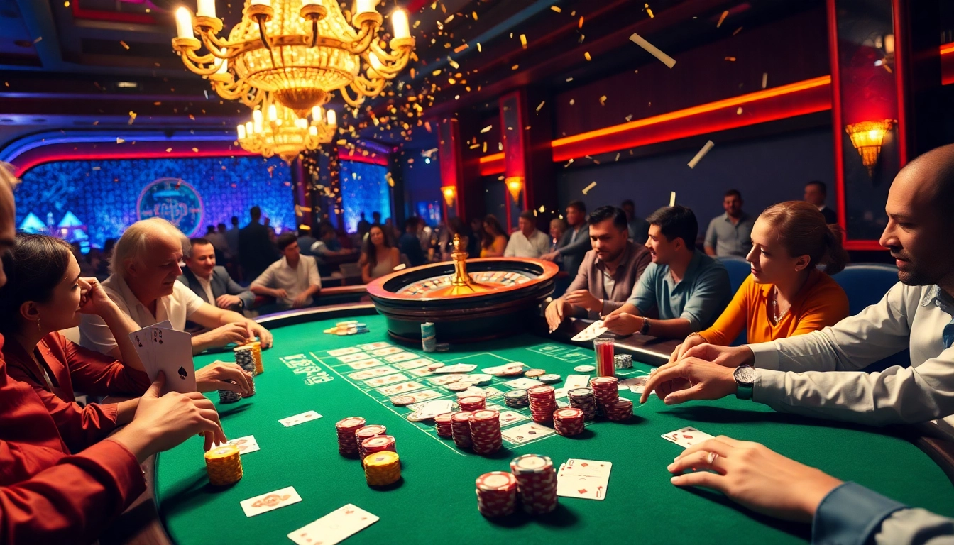 Exciting players at a tr88 game poker table with colorful chips and cards in a luxurious casino setting.