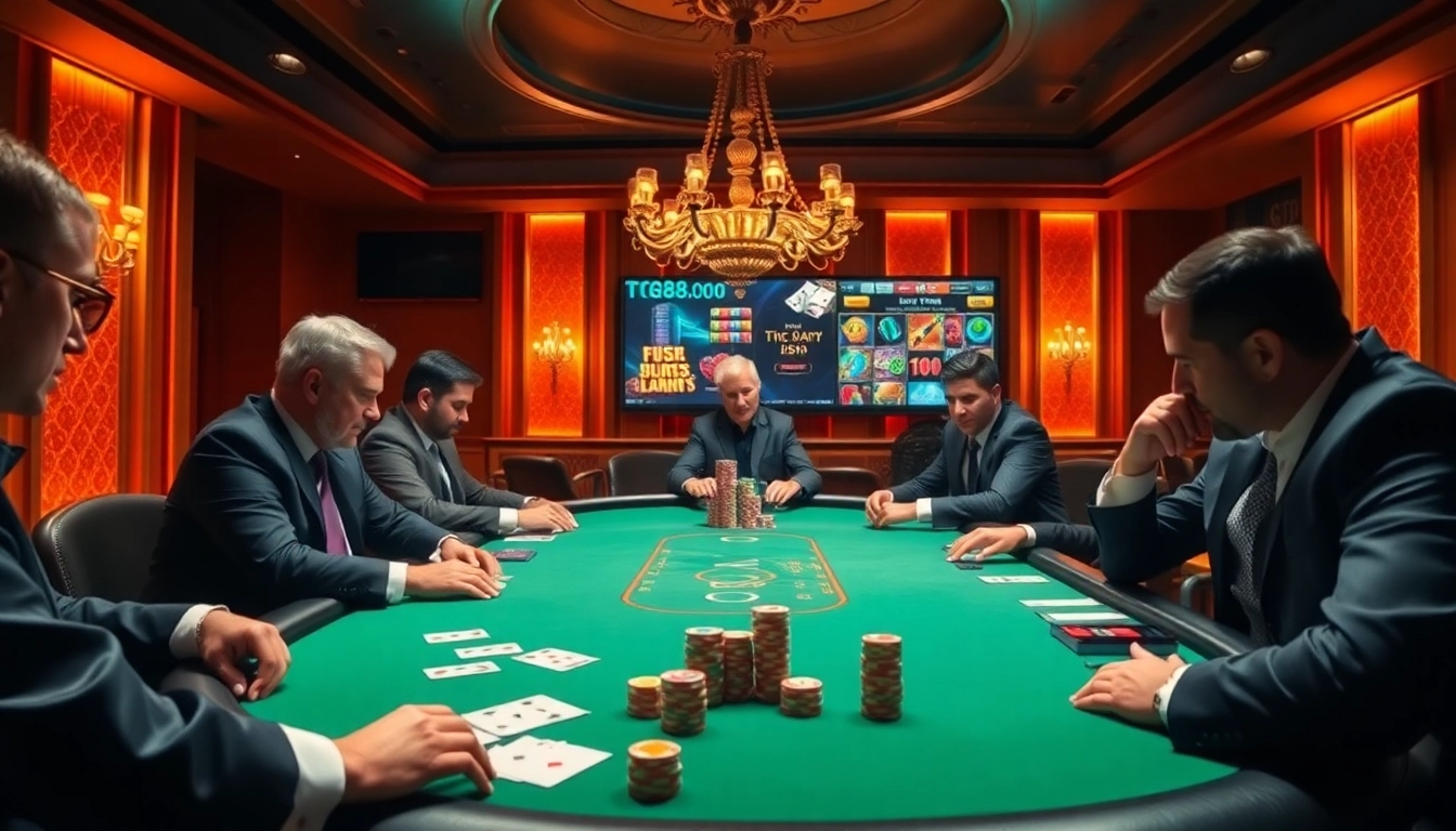 Players strategizing at a high-stakes poker table with the tg88 link on display.