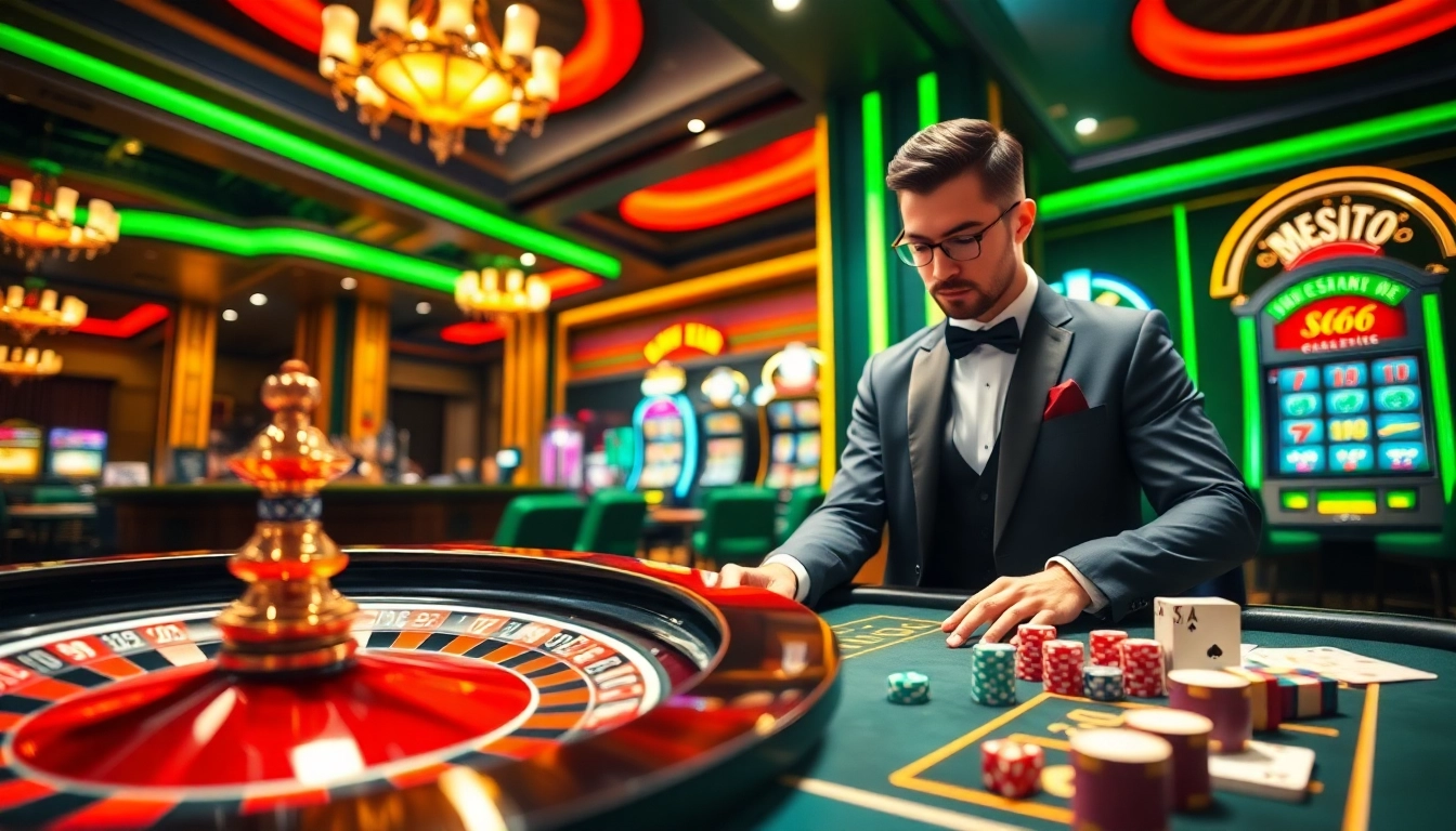 S666 casino scene featuring a roulette wheel, poker table, and stylish slot machine.