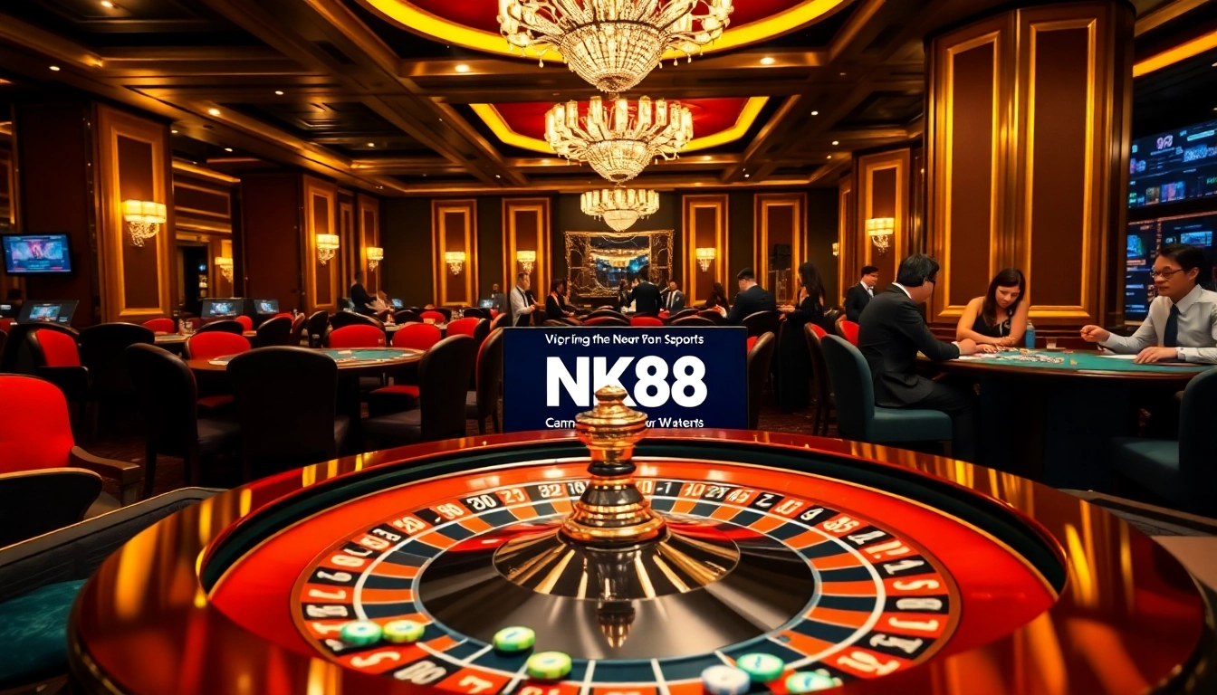 Exciting casino scene featuring NK88 with roulette, players, and vibrant ambiance.