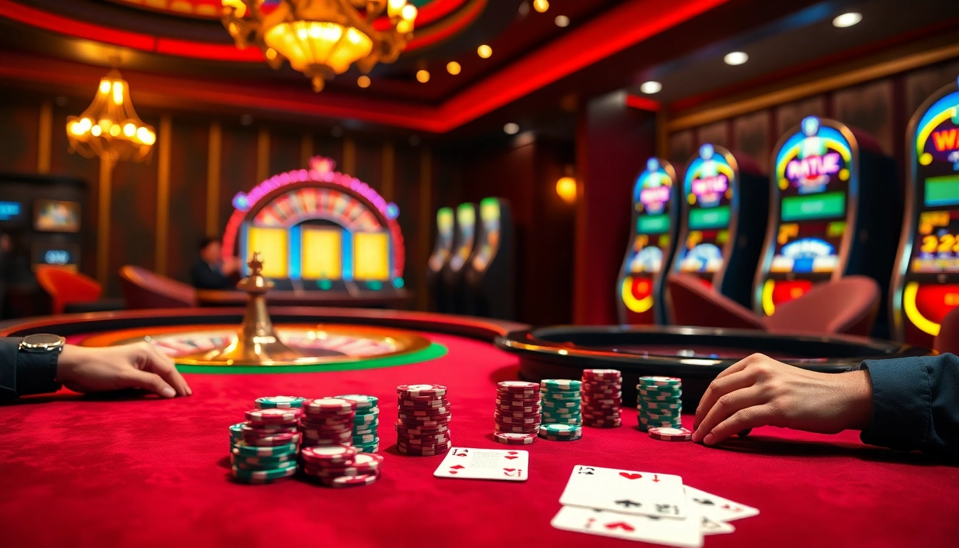 A diverse group of players enjoying a strategic poker game amidst a luxurious casino backdrop featuring https://kjc.football/ elements.