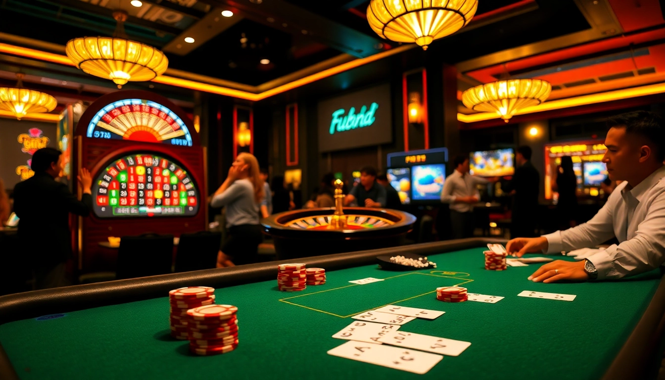 Exciting casino atmosphere at Fun88.com with vibrant poker chips and roulette tables.