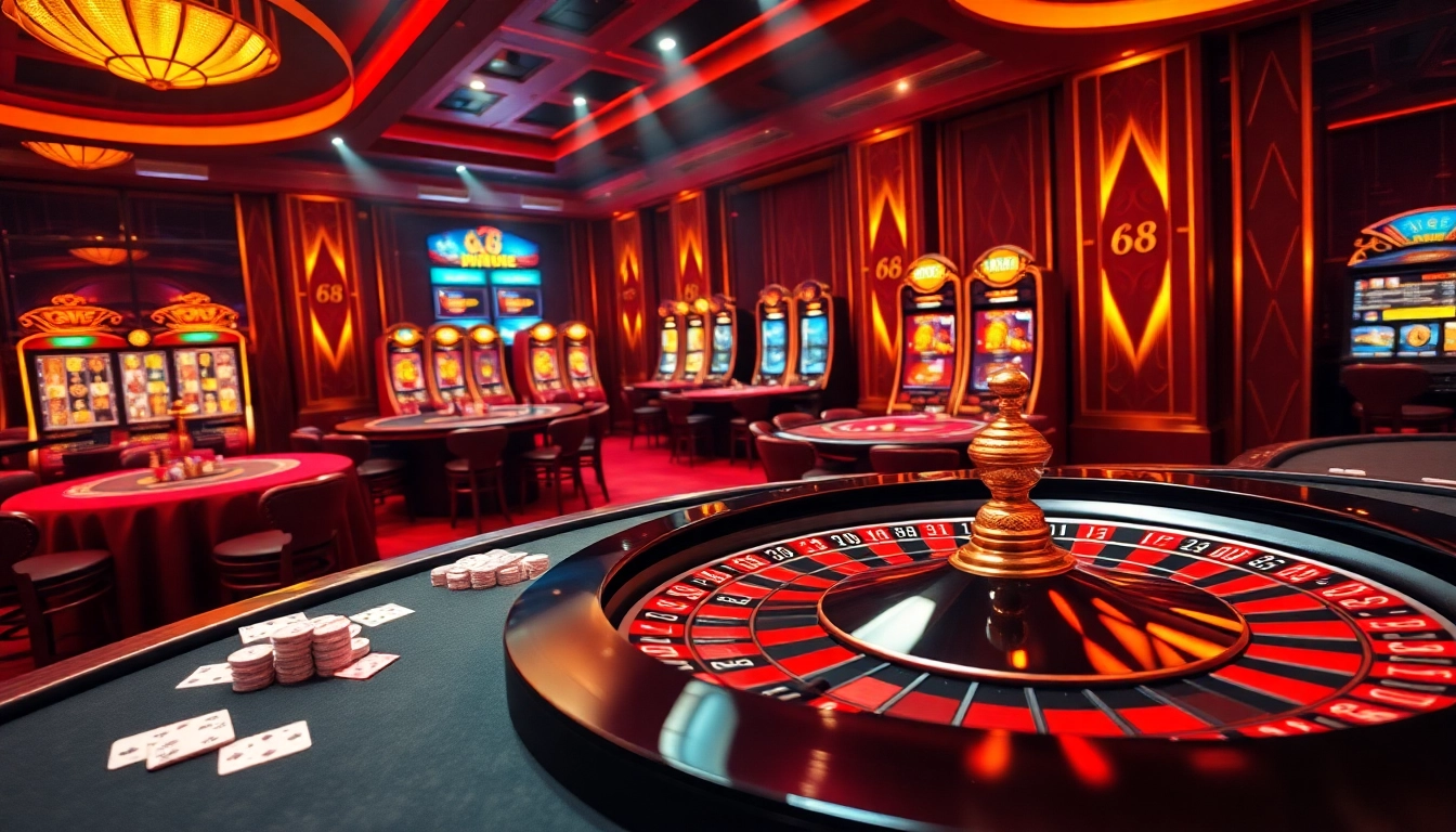 Players engaging with 68 Game Bài at a luxurious online casino, showcasing excitement and high-stakes gameplay.