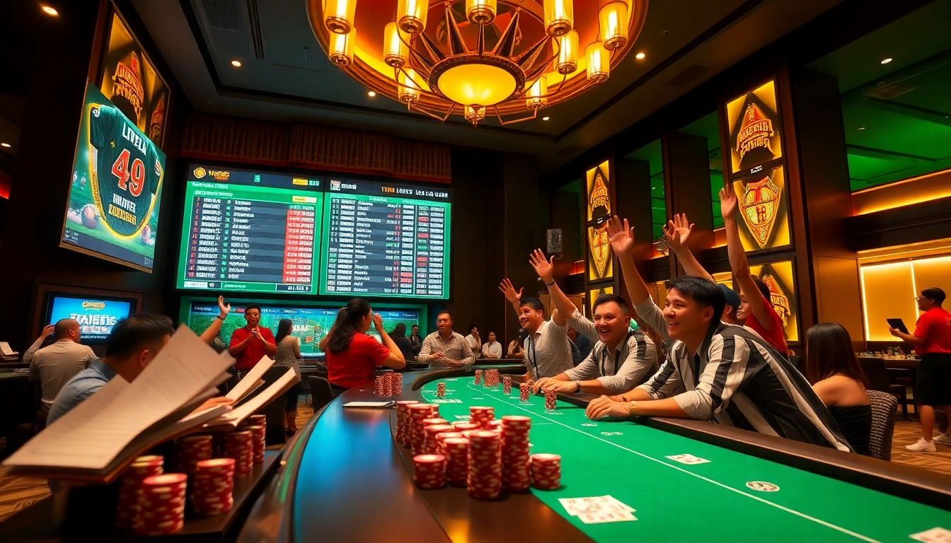 Cược thể thao enthusiasts celebrating a win in a luxurious betting environment.