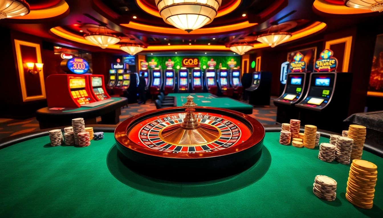 Players enjoy high-stakes poker at Go8 casino, surrounded by vibrant slot machines.