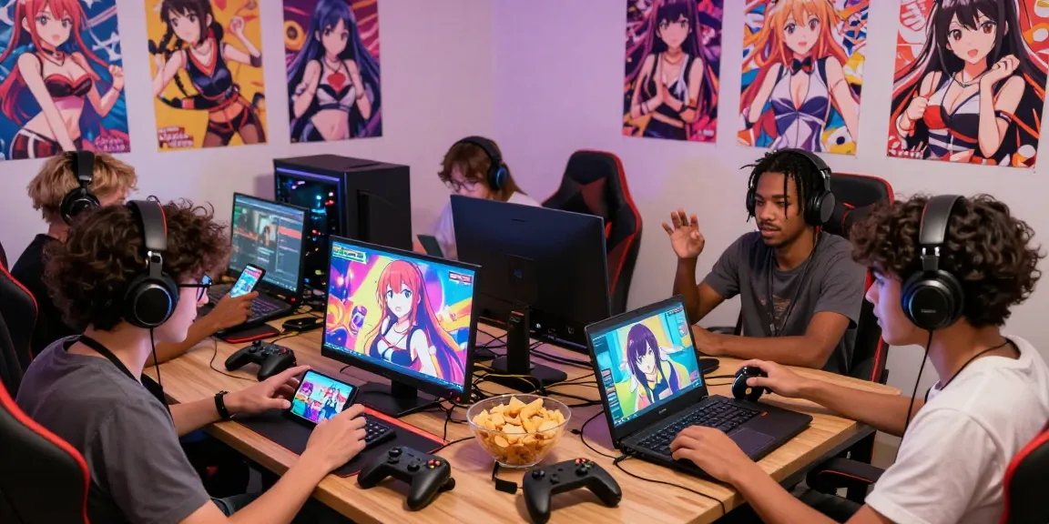 Engaged gamers enjoying free ecchi games in a colorful gaming lounge.